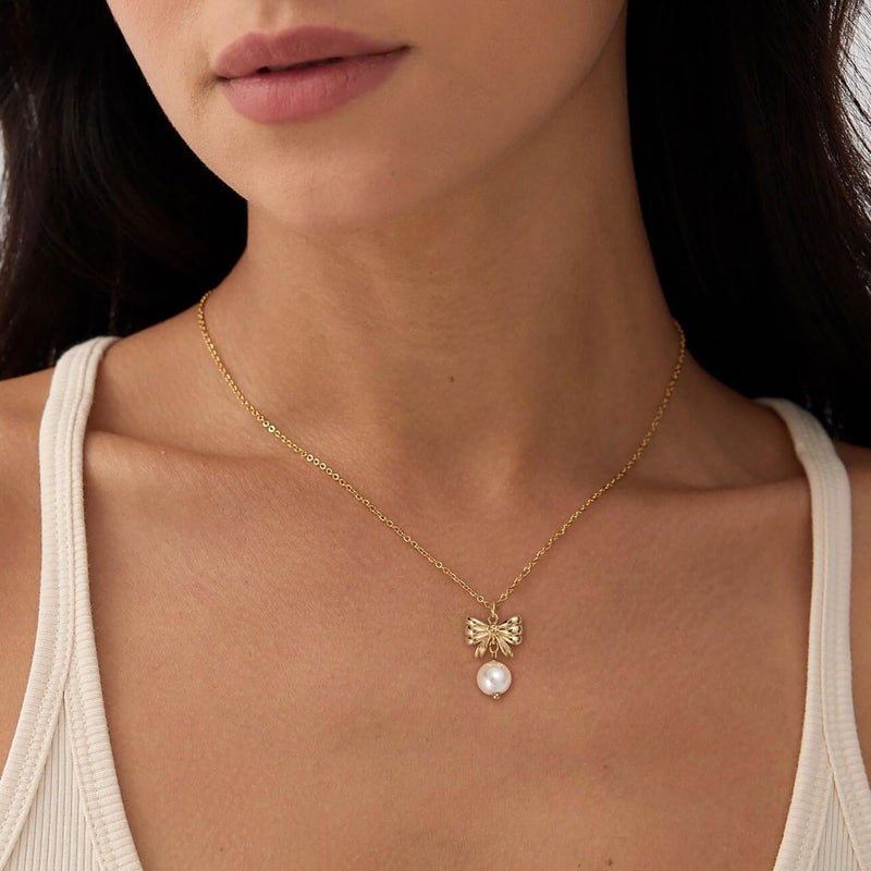 PRTGL Store Pearl Necklace: 14K Gold-Plated/White Gold-plated Pearl Necklace for Women 16.5” + 2” - Image 3